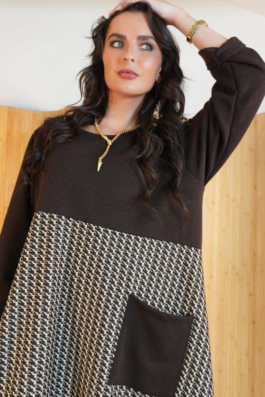 Elena Herringbone Cocoon Knit Dress Chocolate